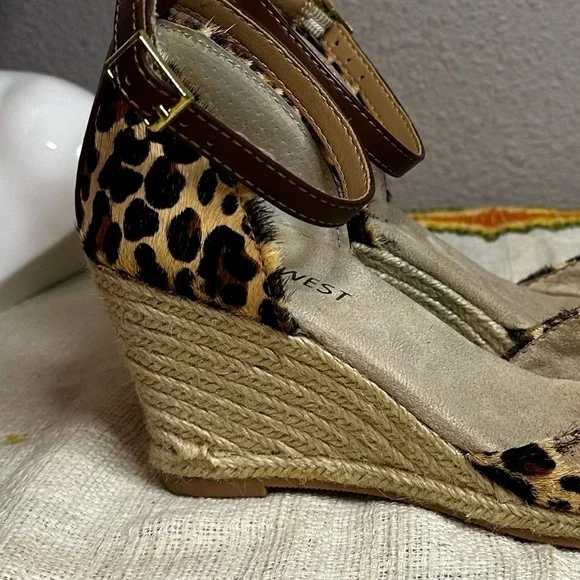Nine West Leather Leopard Print Calf Hair Espadrille Wedge Sandals​​​ - Picture 4 of 8